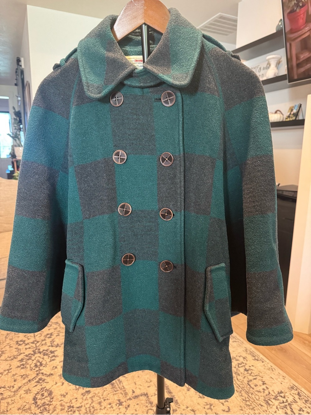 Anthropologie Cartonnier Green Plaid Wool Cape Jacket Double Breasted Coat Small